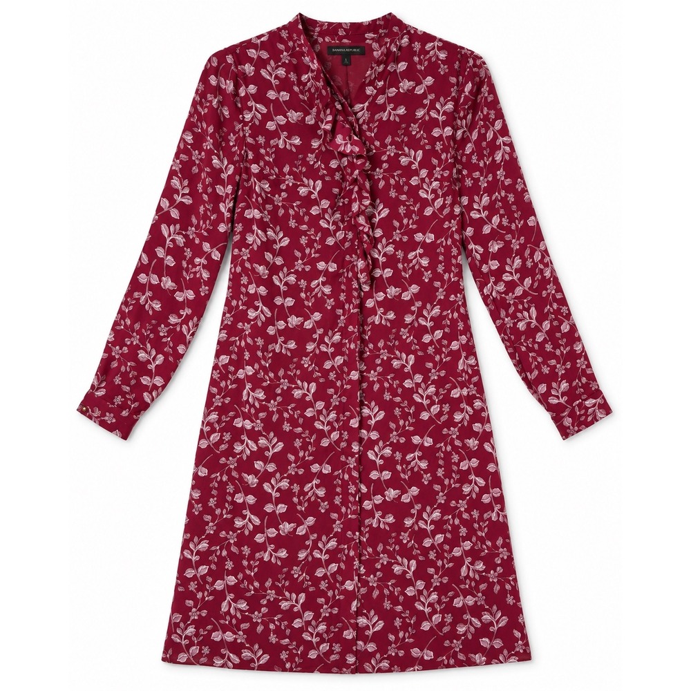 Banana Republic Floral Ruffle Dress 0 Red Excellent Long Sleeve V-Neck Shift